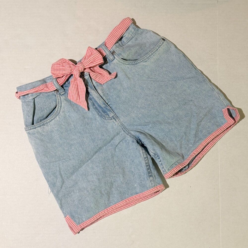 Vintage 90s Pink Gingham Bow Light Denim Shorts, 6 Butter Mom Cottagecore
